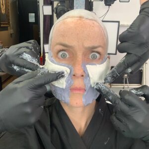Annie Wersching Instagram - Sick of #Picard posts yet? 
😉👑👽Never, you say?! Great! 
In honor of our panel at @wondercon today, this one goes out to the incredible artists who designed, executed and applied this tricky prosthetic.  In the beginning I was called 4 hours before I was due on set. That included everything…hair in a bun, bald cap, crown on, 10 overlapping prosthetics, airbrushing and hand painting. Then costume and corset and all the rest. We very quickly got the whole shebang down to 2 1/2 hours! I’d go film some snarky BQ scenes and then it would take about 25 mins to remove the makeup pieces. I would let my hubs/family know I was almost finished by sending one of these ridiculous pics of prosthetics being cut off my face! 🤣 Some of my favorite times throughout my whole #StarTrekPicard experience were sitting in the chair being worked on by @jrmackinnon amd @kevinkirkpatrickart. I mean….what talent! And what great humans.❤️@vincentvandykefx and his team created piece after piece and @nevillepage was the concept artist for the whole thing! They did all of this while under the strictest of Covid protocols. I applaud them tremendously and I’m sure they’ll win lots of Emmys. 🏆 As they should! 
Don’t even get me started on @christineclarkdesign and @syzygy_designs and their ridiculously amazing detailed fittings and BQ costume…We’ll save that for next week ;) @startrek @startrekonpplus #picardbts