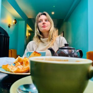 April Bowlby Instagram - English tea, blue wall, deep thoughts.