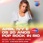 April Ivy Instagram – Tenho estado um bocadinho escondida a gravar o meu álbum, mas recebi este convite irrecusável ❤️ um sonho tornado realidade atuar no @rockinriolisboa dia 23 de junho!! Até já ✨ #SuperBockDigitalStage