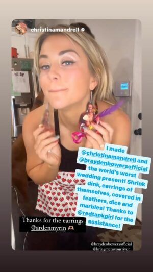 Arden Myrin Instagram - Hard launch for my new ShrinkDink™️ earring line. Obviously I had to get @christinamandrell & @braydenbowersofficial something elegant. Thank you to @redtankgirl for helping me adorn them. Happy @bachelorabc premiere night!