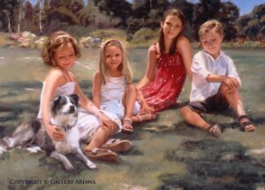 Ariana Richards Instagram - "Afternoon with Gracie" - Getting any four children to stay still long enough for photos would normally be a Herculean task. However, these wonderful kids were a treat to work with. Even Gracie, the dog, proved to be a pro subject. I've always enjoyed painting children having fun in the outdoors so this one was a real pleasure. 

- Love, Ariana

#saturdaysketches
#artwithariana
#galleryariana
#oilpainting 
#artist