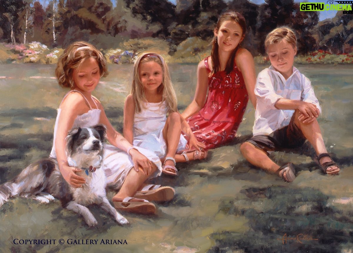 Ariana Richards - 3.3K Likes - "Afternoon with Gracie" - Getting any four children to stay still long enough for photos would normally be a Herculean task. However, these wonderful kids were a treat to work with. Even Gracie, the dog, proved to be a pro subject. I've always enjoyed painting children having fun in the outdoors so this one was a real pleasure.
- Love, Ariana
#saturdaysketches
#artwithariana
#galleryariana
#oilpainting
#artist