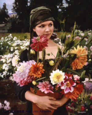Ariana Richards Instagram - “The Girl with Flowers”- beautiful, innocent, dreaming of her life to come. A moment that has transpired in modern days & times past. This composition is from my series of "Dahlia" paintings. – Love, Ariana.
 
#saturdaysketches 
#artwithariana
#galleryariana 
#oilpainting 
#artist