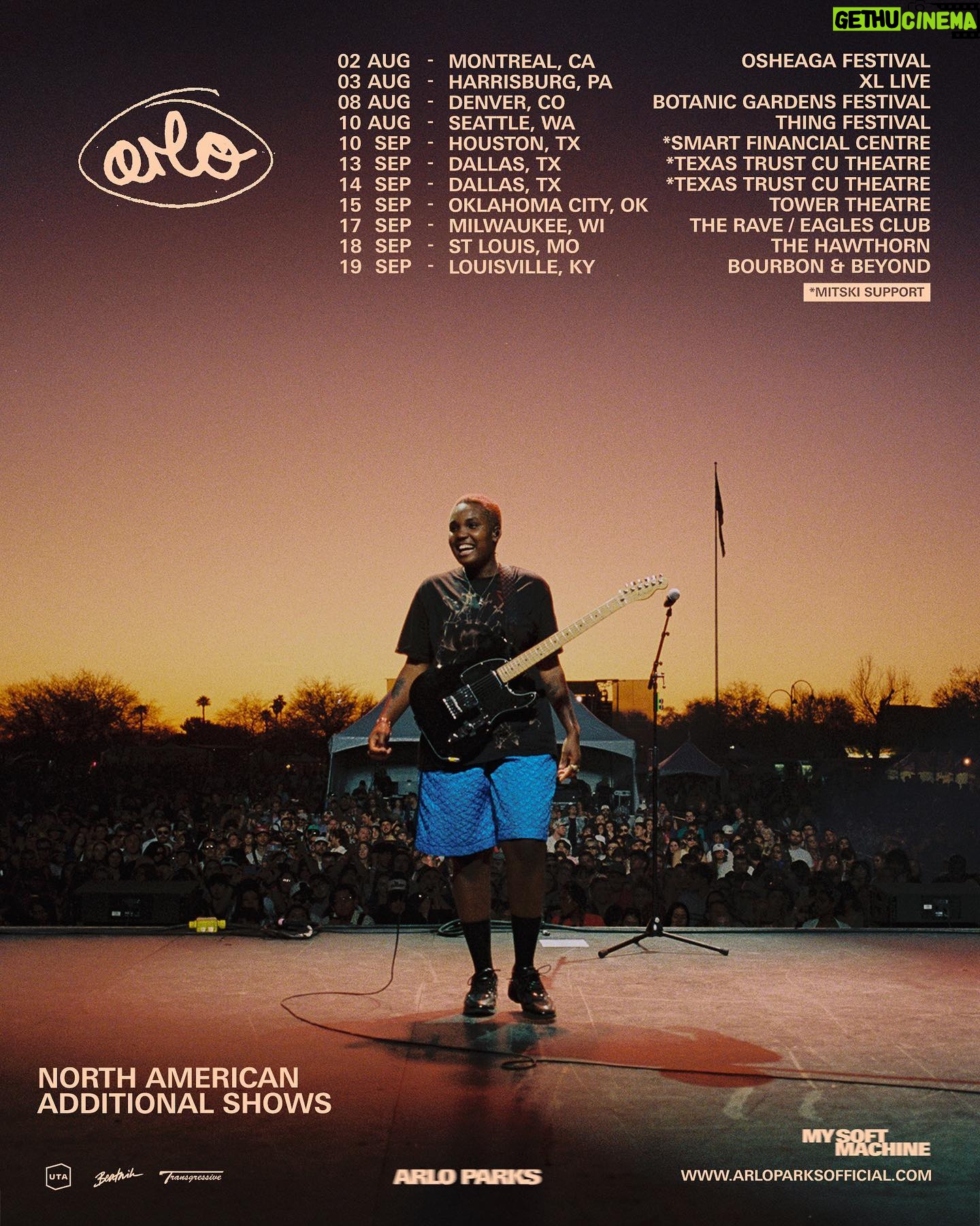 Arlo Parks Instagram - Gonna be bouncing around North America this summerrrr!! heading 2 Texas to open for @mitskileaks the angel…throwing in some headline shows in Oklahoma, Milwaukee and St Louis too - pre-sale for these 3 goes live in a couple hours for those so sign up to the mailer at the link in bio & keep ur eyes peeeeled 😈