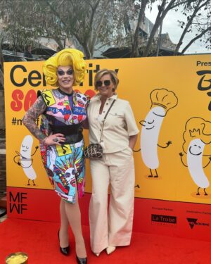 Art Simone Instagram - CELEBRITY SAUSAGE for @melbfoodandwine festival 🖤 

In one of the campest moments of my career, I had the pleasure of popping by @fed.square yesterday to sample my namesake sausage! The Art Simone is still available today amongst all the creative creations by my fellow celebs, head on down grab a snag 😍