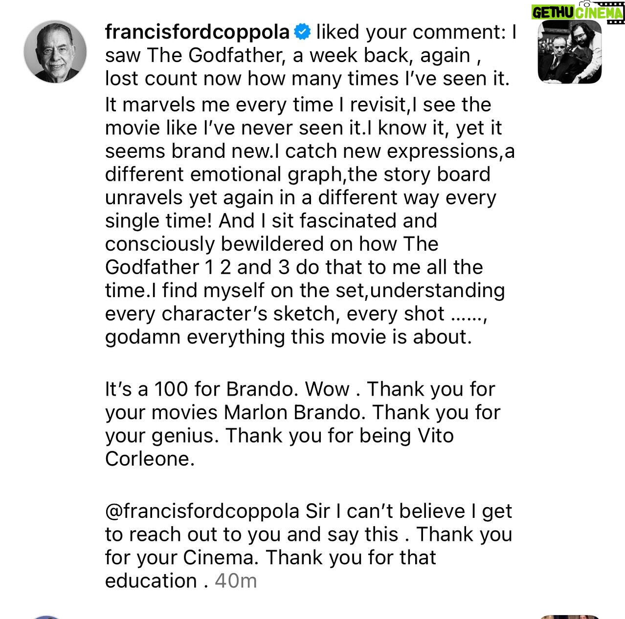 Ashlesha Savant Instagram - When @francisfordcoppola likes your comment on his post - it’s like you are touched by God!!!!!!! Social media may be everything between the Good ,Bad ,Ugly Holy &Unholy . But it sure is a platform if used from true heart and love , one can reach out and touch Geniuses around the Globe. The Godfather- @thegodfathermovie was my education in acting.What it does to me as a movie 🎥 lover is a whole another dimension that cannot be expressed in words. I am leaving This post here. Maybe it reaches out to those who have not seen the trilogy ( I wonder why not seen ) I should be posting this tomorrow in honour of Sir Francis’s birthday tomorrow. But I CANNOT CONCEAL MY EXCITEMENT. Those who love movie making will know what this means . A very pre- Happy Birthday @francisfordcoppola . As I said thank you for your #cinema forever indebted ,forever learning . #thegodfather #francisfordcoppola #movies