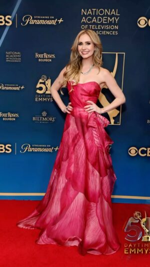 Ashley Jones Instagram - Who picked this dress??? Wow- it was really FUN involving you!! Y’all have opinions! 😉 thousands of them!! 😆💃💃 loved reading your comments on that previous reel about what to wear on a nominated night for Emmys;) It was originally a different @kevanhalldesign that @chazefoley and I picked, then changed my mind to this one of Kevan’s after reading all your thoughts!! (My agent @stevenkjang may have helped, too!!) Peek Hayden’s matching pocket square!
Stylist: @chazefoley 
Jewelry💎: @charlielapson 
Dress: @kevanhalldesign 
Hair: @kar_buff 
Skincare prep: @viaskincare_studio @velvetskinla 
Memorable 💙🤍🤍💙 night as a nominee for @boldandbeautifulcbs. To our amazing publicist  @evabasler —thank you! So so grateful for you!!