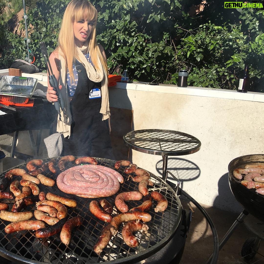 Ashley Rickards Instagram - Just me fake-grilling at a real phallic-free Polish sausage-party courtesy of @brianudovich
