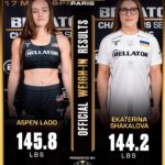 Aspen Ladd Instagram - 🇫🇷 Official #BellatorParis Weigh In Results ⚖️ Aspen Ladd - 145.8lbs 🇺🇸 Ekaterina Shakalova- 144.2lbs 🇺🇦 🤝 𝗣𝗥𝗘𝗦𝗘𝗡𝗧𝗘𝗗 𝗕𝗬 @thatprizeguy #BellatorParis | THIS FRIDAY 🇺🇸 Live on MAX from 12P ET 🇫🇷 Live on DAZN from 6P CEST 📺 Bellator.com/watch 🎟️ Link in bio