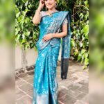 Asritha P Instagram - Blues 🩵 Saree @srisaicollections9 Blouse @santhoshiplush Jewels @new_ideas_fashions Mua @ash_makeupempire