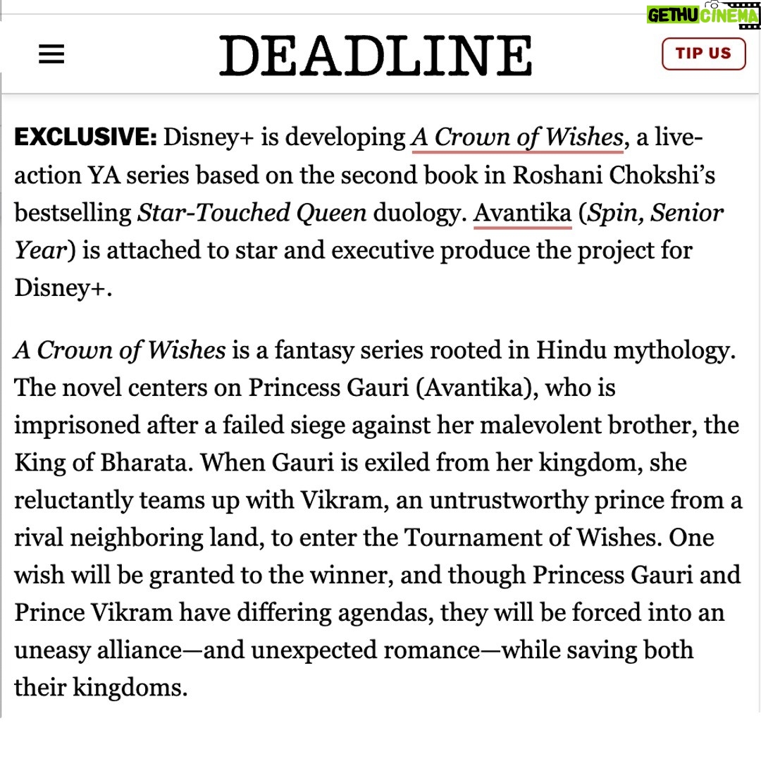 Avantika Vandanapu Instagram - ❗NEW ERA OF DISNEY PRINCESS❗ 🧚👸🧝♀️ i genuinely have tears in my eyes posting this right now. @roshanichokshi wrote one of my favorite books till date. SWIPE to read a little logline of it - promise you won't regret it. ever since i read 'a crown of wishes' two years ago, it became my passion to see the novel come to life. so, to now, have the HONOR of being able to headline and EXECUTIVE PRODUCE (how fcking cool is that?!?!) this fantasy show - that's going to launch a new era of princesses for disney - is absolutely crazy. show all the support you can - that's how we ensure that this makes it to your TV at home :). all my thanks to @disney @disneyplus @zannedevine @rajvr42 @reenaksingh331 @roshanichokshi - i can't wait to go on this journey with you all.