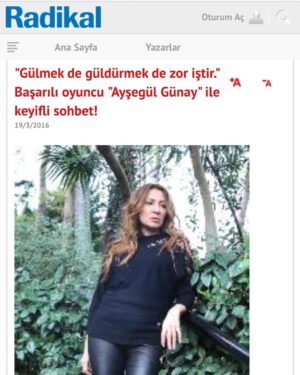 Ayşegül Günay Instagram - BU GÜZEL RÖPORTAJ İÇİN RADİKAL GAZETESİ VE FIRAT ÖZDEMİR'E TEŞEKKKÜRLER. Röportajı bu linkten okuyabilirsiniz.  http://blog.radikal.com.tr/medya-televizyon/gulmek-de-guldurmek-de-zor-istir-basarili-oyuncu-aysegul-gunay-ile-keyifli-sohbet-128279