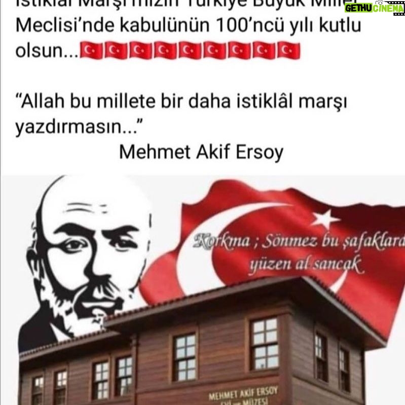 Bülent Ersoy Instagram - Türkiye Cumhuriyeti’nin onör , gurur, şeref ve haysiyeti için kalemiyle değil, yüreğiyle dizelere döken büyük şair Mehmet Akif Ersoy’un “İstiklâl Marşı” gibi bu büyük abîdenin TBMM ‘de kabûlünün 100.yılı ; Türklüğün asil ve şerefli kanını taşıyan yüce milletimizin fertlerine hayırlı ve uğurlu olsun... “Korkma “ diye başlayan dizelerinle geçmişten gelen tüm destanlara ilham oldun büyük Mehmet Akif Ersoy.Ruhunuz şâd , mekânınız cennet-i alâ olsun inşaAllah efendim.🇹🇷