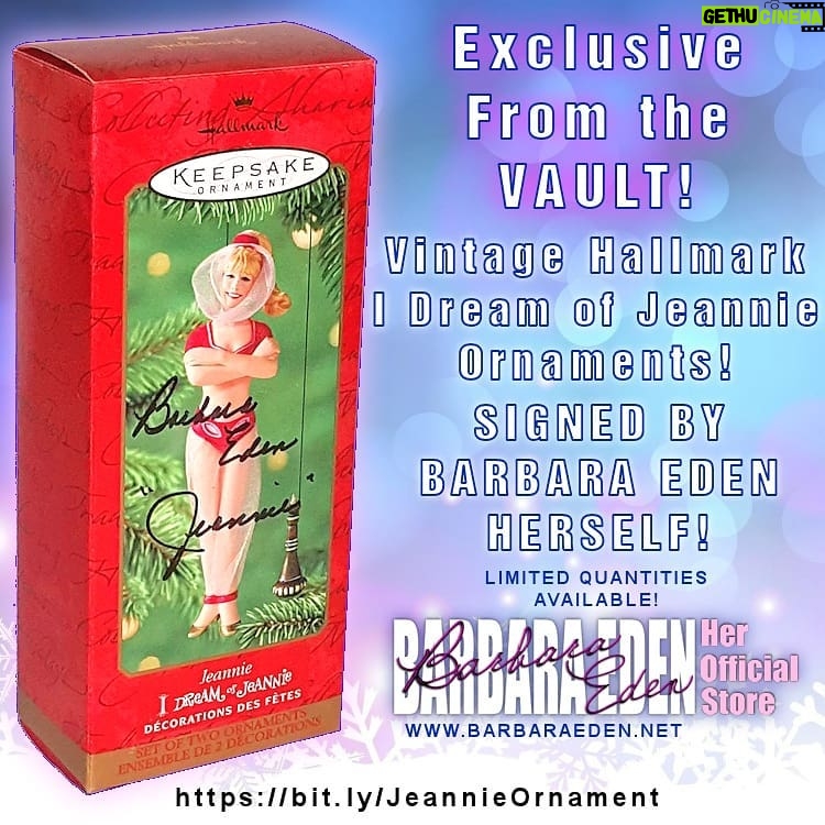 Barbara Eden - 3.3K Likes - With a little magic my team was able to bring back a limited amount of these ORIGINAL darling little Jeannie ornaments from Hallmark! Originally released in the year 2000 this little mischievous genie and her bottle really are the perfect addition to any Christmas tree! I even have one for my tree and she always makes me smile! Make no mistake! These are VINTAGE and ORIGINALS no longer in stores and are truly in limited supply and no doubt they will be gone in a puff of smoke before you know it! So I hope you can catch one! XO - B #shopbarbaraedennet #barbaraeden #idreamofjeannie #hallmark #christmasornament #ornament #christmas #vintage #classictv #magic