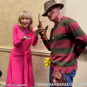 Barbara Eden Instagram - This past weekend I attended the Days of the Dead horror convention in Atlanta. My GOODNESS we met SO MANY people in so many costumes! I will be sharing so many photos over the coming weeks. 

To start off, here I am with... dare I say, a "delightful" fan who stopped by while dressed as Freddy Krueger from "A Nightmare on Elm Street!" 

There are more with Freddy coming but for now this should prove that "Jeannie" isn't afraid of anything! tee-hee! -B 

#idreamofjeannie #daysofthedeadatlanta #freddykrueger #barbaraeden