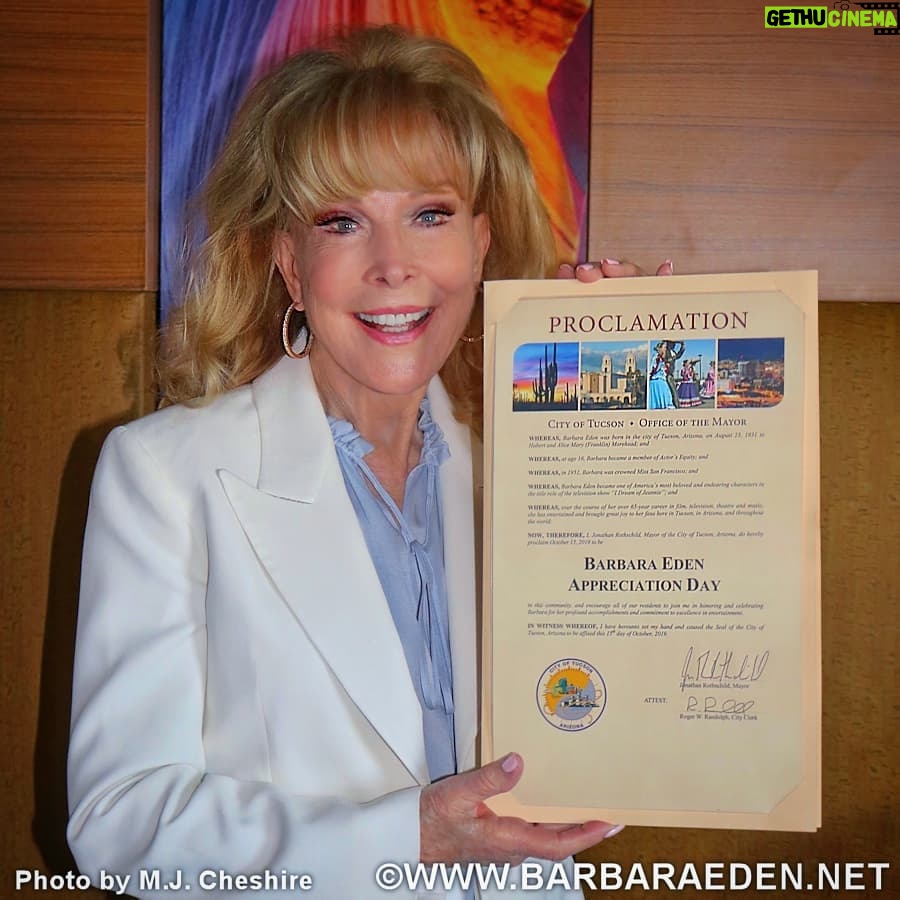 Barbara Eden - 6.1K Likes - I was recently invited back to Tucson Arizona (where I was born) and was delighted by the City and Mayor Rothschild for their kindness and generosity as they announced Oct. 15, 2019 "Barbara Eden Appreciation Day." -B