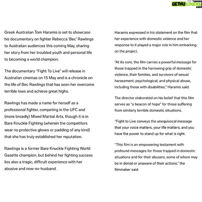 Bec Rawlings Instagram - ๐ย Check out this article on Fight To Live by Neos Kosmos! ๐ Link below for all the details. https://neoskosmos.com/en/2024/04/10/life/film/filmmaker-tom-haramiss-doco-on-mma-and-bkf-fighter-bec-rawlings-a-beacon-of-hope/ ๐ฉ๐ฝโ๐ปย @oliviasromano #fighttolive #neoskosmos #article #documentaryfilm #survivorstories #ufcchampion #domesticviolencesurvivor #goldcoastfilmfestival #innerwestfilmfest #melbournepremiere #goldcoastscreening #australianfilm #cinemaevent #watchandshare