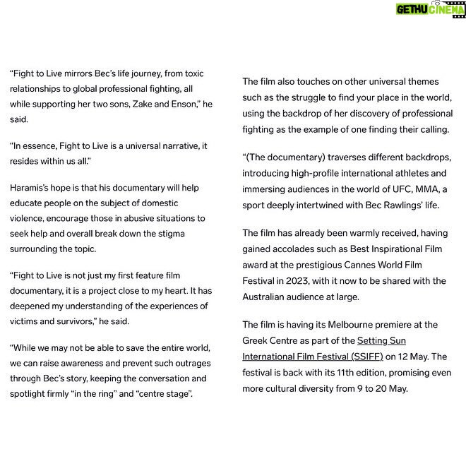 Bec Rawlings Instagram - ๐ย Check out this article on Fight To Live by Neos Kosmos! ๐ Link below for all the details. https://neoskosmos.com/en/2024/04/10/life/film/filmmaker-tom-haramiss-doco-on-mma-and-bkf-fighter-bec-rawlings-a-beacon-of-hope/ ๐ฉ๐ฝโ๐ปย @oliviasromano #fighttolive #neoskosmos #article #documentaryfilm #survivorstories #ufcchampion #domesticviolencesurvivor #goldcoastfilmfestival #innerwestfilmfest #melbournepremiere #goldcoastscreening #australianfilm #cinemaevent #watchandshare