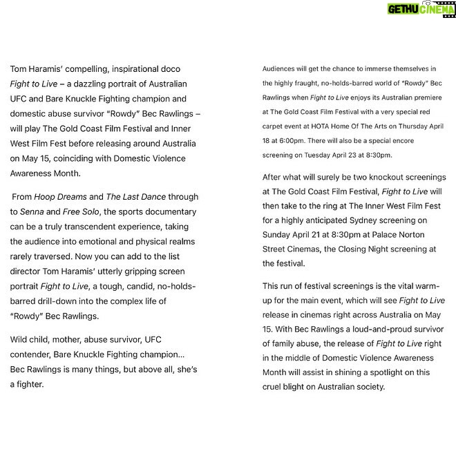 Bec Rawlings Instagram - 📝 Dive into this fantastic Cinema Australia article on Fight To Live. Link in below for the full read! ✨ https://cinemaaustralia.com.au/2024/04/08/rowdy-bec-rawlings-doco-fight-to-live-punches-its-way-into-cinemas-this-may/ 👩🏽💻 @oliviasromano #fighttolive #cinemaaustralia #fighttolive #settingsunfilmfest #melbournepremiere #fighttolive #qldcinemas #angelikafilmcentre #eventindooroopilly #eventmtgravatt #eventpacificfair #nowshowing #watchitnow #australianfilm #inspiringstory #ufcchampion #becrawlings #bareknucklefighting #cinemanight #movienight #mustwatch