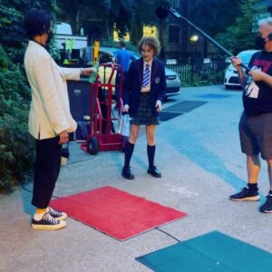 Bella Higginbotham Instagram - Behind the scenes of THAT episode = three Nadines, green screens, fake blood, and other fun stuff!!! #chucky #nadinechucky #nadine @syfy @usa_network @chuckyisreal