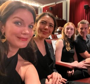Bellamy Young Instagram - @ezramovie is OUT TODAY! 🎬🥰🥂❤️🎉
This film is such a GIFT: make time for it if it's playing near you. I am so awed by the whole team involved for creating such a special movie. And we had a TERRIFIC night celebrating them! TY, @katya.martin , for being the best #wingwoman, & to @scottkfoley & Malina for being the happiest surprise of seatmates, & to our dear @tonygoldwyn for putting his whole, beautiful heart into making  #Ezra a WONDERFUL film. Hope everyone is heading into  a fun weekend. I'm sending you all so much love! #EzraMovie ❤️💗❤️💗❤️