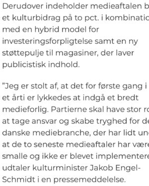 Birgitte Hjort Sørensen Instagram - JA TAK til et bredt medieforlig, der sikrer stabilitet og forudsigelighed for den trængte danske film & tv-branche! Tak til kulturminister @engelschmidt og til @jan_e_joergensen @charlottemolbaek @mogensjensen @zenia.stampe Søren Søndergaard og Mikkel Bjørn for at lande et kompromis, der tilgodeser det meste for de fleste 👊🏻