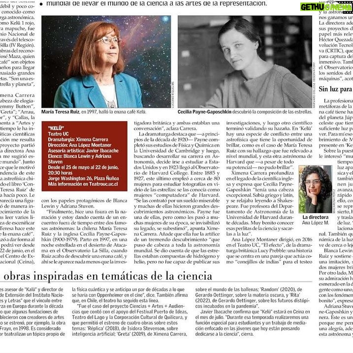 Blanca Lewin Instagram - ✨📰 #Kellü Hoy en Artes y Letras de #ElMercurio ¡queda muy poquito para el estreno! 📌Estreno Kelü 25 de mayo Temporada desde el 29 de mayo al 22 de junio 🕢Miércoles a domingo a las 20:30 hrs Teatro UC @teatrouc 🎫Venta de entradas en nuestro perfil y en 📌https://ticketplus.cl/events/kelu 📰 Nota de Maureen Lennon ✨ #estreno #astronomía #teatro #ciencia
