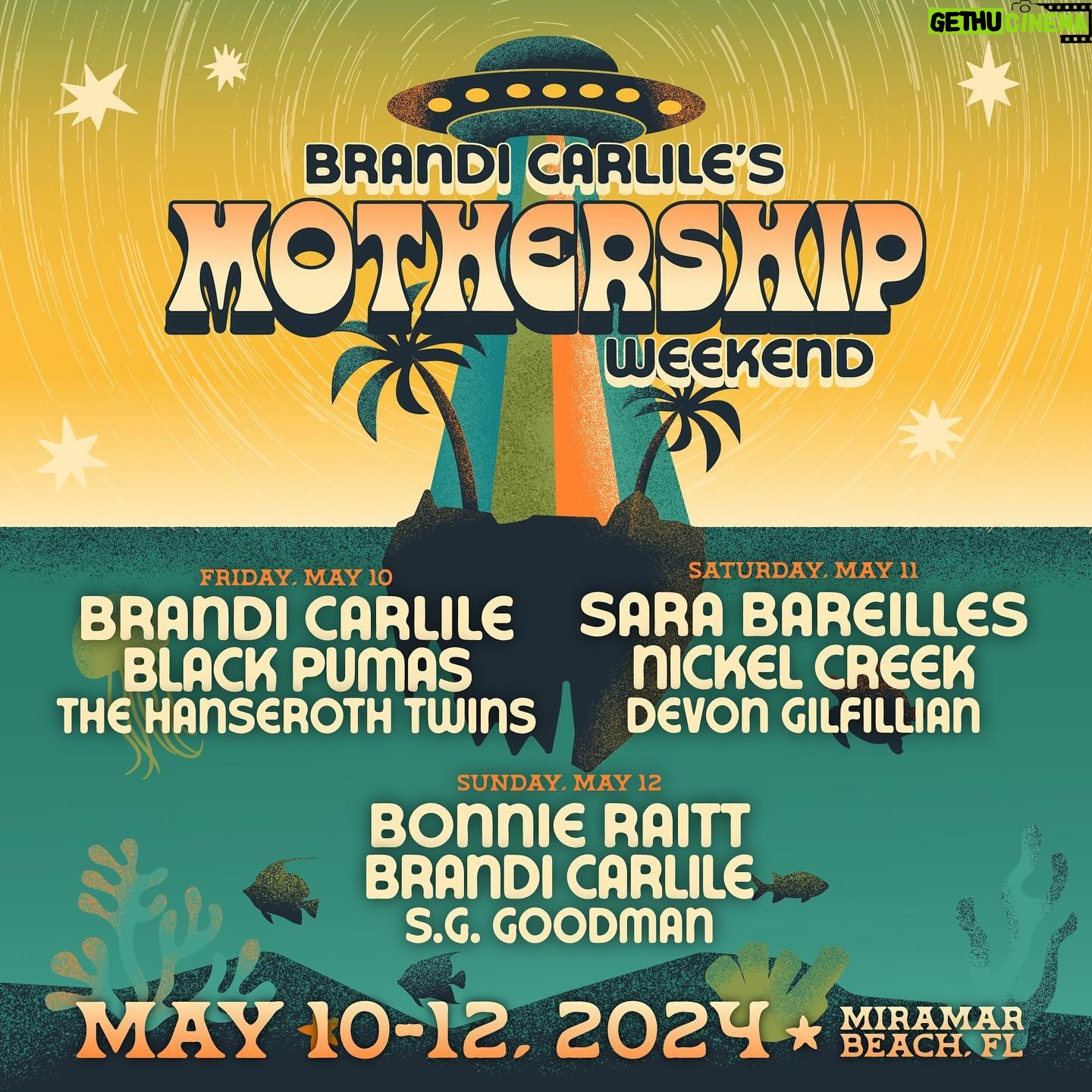 Bonnie Raitt Instagram - Spend Mother’s Day with Brandi Carlile and friends at the beach! Join @brandicarlile, @bonnieraittofficial, @sarabareilles, @blackpumas, @nickelcreek and more for @brandicarlilesmothershipwkd ‘24, May 10-12, 2024 in Miramar Beach, FL! Visit the link in bio to join the Presale Tuesday, December 5th through Sunday, December 10th at 6pm ET @topeka.music.vacations See you at the Beach for an unforgettable Mother’s Day!
