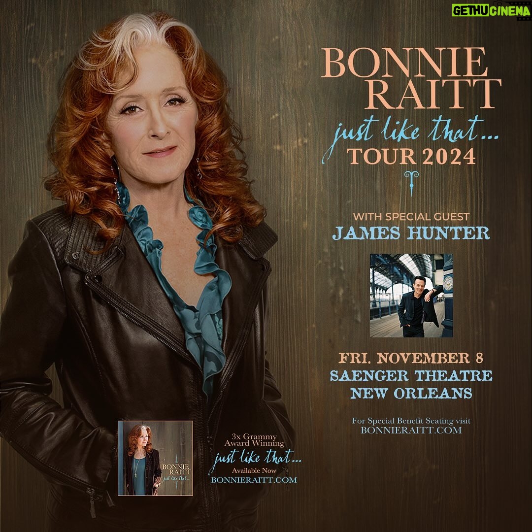 Bonnie Raitt Instagram - NEW ORLEANS! Public on-sale starts today at 10am local time for the show at @saengernola on Friday, November 8th with special guest, @jameshuntersix. To purchase tickets, visit the link in bio. — BRHQ