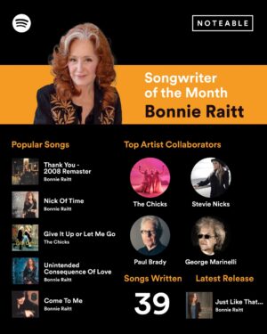Bonnie Raitt Instagram - This March, @noteable from @spotify features Bonnie as their Songwriter of the Month! With over 39 songwriting credits to her name, Bonnie's written music catalog includes the very personal 'Nick of Time' and GRAMMY award-winning Song of the Year 'Just Like That.' A few of her songs have been covered by some of the most celebrated artists and songwriters in their own right, including @stevienicks, @thechicks and @lakestreetdive. Visit the link in bio to listen to the ‘Written By Bonnie Raitt” playlist! — BRHQ