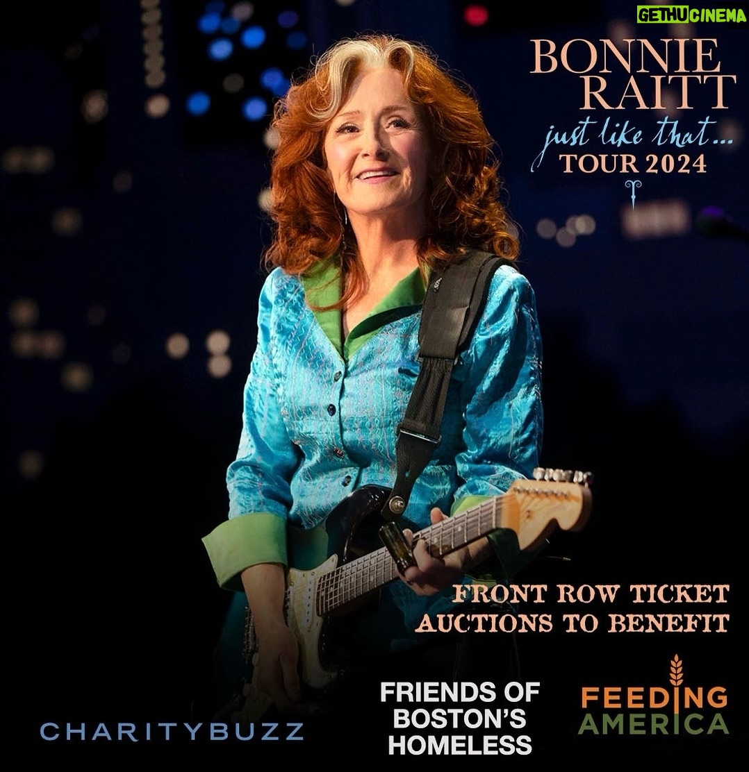 Bonnie Raitt Instagram - We are partnering with @charitybuzz to offer FRONT ROW TICKETS to several upcoming sold out shows on Bonnie’s tour! The following auctions are CLOSING on Thursday, May 30th: June 8th Westbury and June 11th Hyannis both to benefit @feedingamerica and June 15th Boston to benefit @friends_of_bostons_homeless. If you are still looking for tickets to these sold out shows, please consider bidding on these auctions for good causes for legit front row tickets! Bid now at the link in bio. — BRHQ
