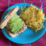 Briana Renee Instagram - New week new food {#14} added ground Turkey to the menu, and made some Turkey burgers with fresh avocado, @followyourheart soy free vegenaise, on @bfreefoods white bread (egg free 👌🏻), and spaghetti squash hash browns as my “fries” ~ cooked in @miyokoscreamery vegan butter & ¡voila! delicioso 💚 Only Himalayan sea salt to taste, and let the ingredients pop with natural flavor! #bonappetit #whatsforlunch #dairyfree #eggfree #healthyfood #nowUCme
