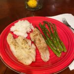 Briana Renee Instagram - What’s for dinner ~ Lemon pepper fried Dover sole fillets, with baked asparagus, and honey white rice ~ First time cooking Dover sole, and it’s so delicate you must use a thin spatula to flip 👩🏻‍🍳 #whatsfordinner #bonappetit #newfavorite #glutenfree #healthyfood #homecooking