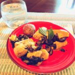 Briana Renee Instagram - Turmeric tahini marinated chicken topped w sautéed mushrooms & fresh Thai basil ~ “Fried" Brussel sprouts with fresh garlic and a balsamic drizzle; and garlic herb potatoes. Made from scratch, and mostly plant based, deliciousness 👩🏻‍🍳 Season w/ Himalayan sea salt & ¡bon appetit! #homecooking #dairyfree #gluten-free #ucfriendly #yummy 💚