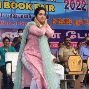 Brindha Sivakumar Instagram - I was happy to be Guest of Honor At a Yoga Awareness campaign were i explained the importance of Thoppukaaranam/ Super Brain Yoga
For GOOD MEMORY POWER 
1.Facing east,tongue folded touching palate 
2.left hand thumb holding right earlobe 
3.right hand over left hand, pressing left earlobe with thumb finger 
4.squatting down - breathing in 
5.breath out coming up 
Repeat 7-14 times a day in the morning FOR ALL AGE GROUPS 😊!! The book fair in YMCA is on till March 6 th Sunday pls do visit !

The event was SURYANAMASKAR NATIONWIDE  CAMPAIGN, driven by NYSF, GEETA PARIWAR, KREEDA BHARATI, HEARTFULNESS FOUNDATION & PATANJALI TO: 

  A) CELEBRATE 75 YEARS OF INDIAN INDEPENDENCE WITH 75 CRORE SURYANAMASKARSnationwide. 
GRAND RESPONSE:: 111 CRORE REGISTRATIONS so far across all states in India 
  B) SPREAD AWARENESS FOR FIT INDIA AND ATTRACT MAXIMUM CHILDREN AND ADULTS INTO YOGASANA FOLD 
  Celebrated valedictory on March  4,
With 500 children performing synchronised Surya Namaskaar at YMCA BOOK FAIR STAGE.