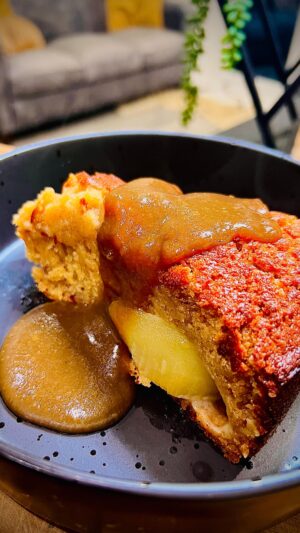 Briony May Williams Instagram - Sticky Toffee Pudding alert!!! 🚨 Welcome to episode 2 of my seasonal recipes series and today we are doing pears 🍐 So juicy, so delicious and they pear (see what I did there!) brilliantly with the flavours in this Hassleback Pear Sticky Toffee Pudding Cake. You will be fighting off your friends and family wanting a slice, just check out the end of the video 🤣 #seasontotaste 

Hassleback Pear Sticky Toffee Pudding Cake

Ingredients
Sponge
250g self raising flour
200g soft brown sugar
1 tsp baking powder
½ tsp salt
250ml milk
120g unsalted butter, melted
3 medium eggs
150g fresh dates, stoned & chopped
1 tsp mixed spice
3 pears

Sauce
50g unsalted butter
200g soft brown sugar
250ml single cream
1 tsp mixed spice
1 tbsp treacle 

Method
Oven on to 180C fan/200C. Grease and line an 8 inch cake tin. In a saucepan, cover the chopped dates with 100ml water & heat gently for 5 minutes until broken down.
Prepare the pears. Top, tail and peel the pears and slice in half lengthways. Place a half of pear in between the handles of 2 wooden spoons and thinly slice widthways all along the fruit stopping at the handles so you don’t cut all the way through. Repeat with the other halves.
Make the sponge. Mix together the flour, sugar, baking powder & salt. In a separate bowl, whisk together the milk, melted butter & eggs. Add the wet ingredients to the dry ingredients, mix until combined. Add the dates and mix again.
Pour the mixture into the prepared tin, place the hassleback pears in a circle around the batter and press them down so that half of each pear is submerged. Bake for 45-50 minutes until a skewer comes out clean.
Make the sauce. Add all the ingredients into a saucepan & heat gently until combined. Leave on the heat for 5-10 minutes until thickened.
Once the sponge is cooked, cut into slices and pour over the sauce.

#pears #pear #recipe #seasonal #seasonalfood #cake #stickytoffeepudding #stickytoffee #yummy #delicious #tasty #homebaking #baking #cakedecorating #homebaker #dessert #bakery #edible #vintagecake #cakesofinstagram 
#mouthwatering #ingredient #easyrecipes #foodideas #dessertrecipe #instruction