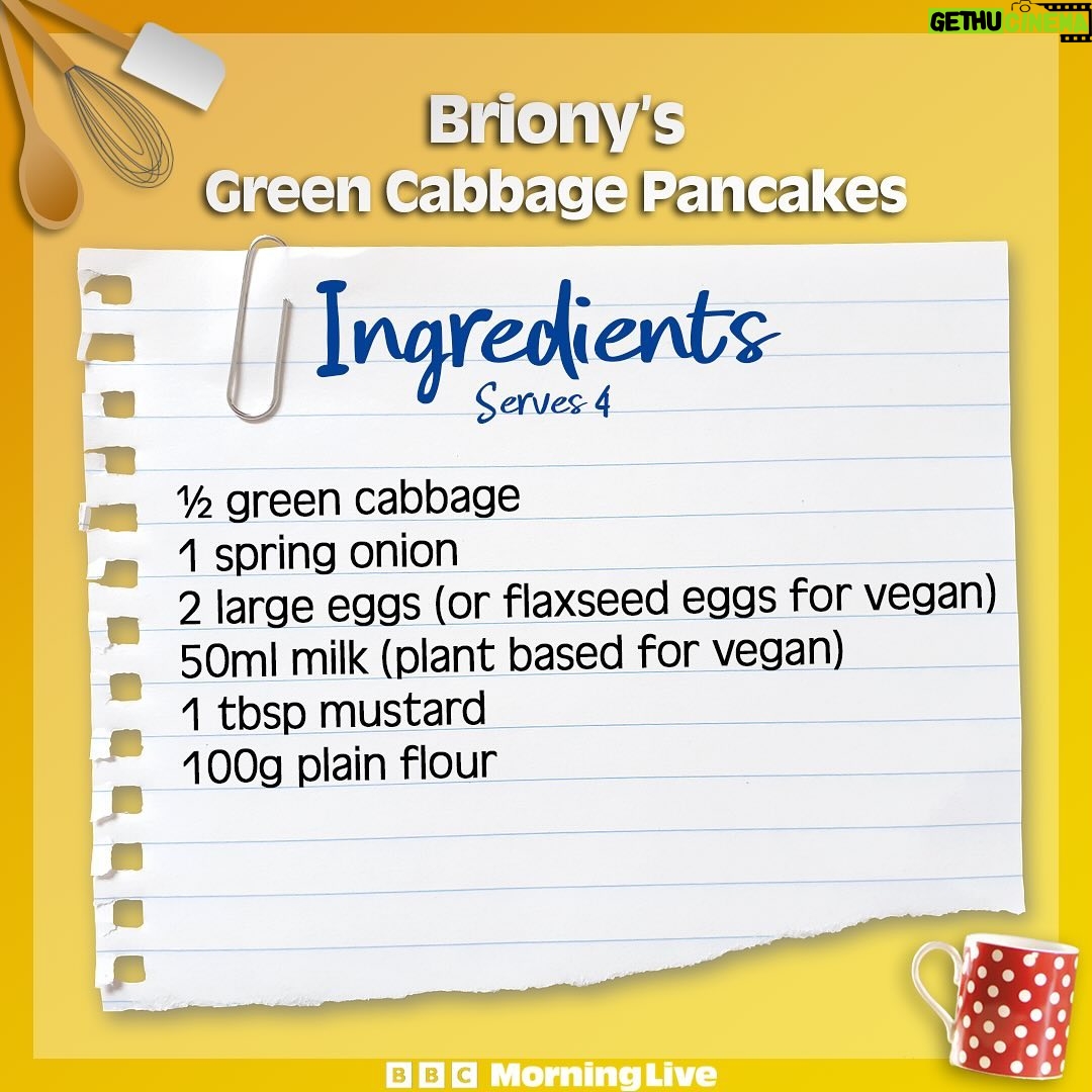 Briony May Williams Instagram - ⏪️ Swipe to see Briony’s recipe for cabbage pancakes 🥬 🥞 Watch today’s show on BBC iPlayer to find out her cabbage steak and cake recipes! Give them a go!