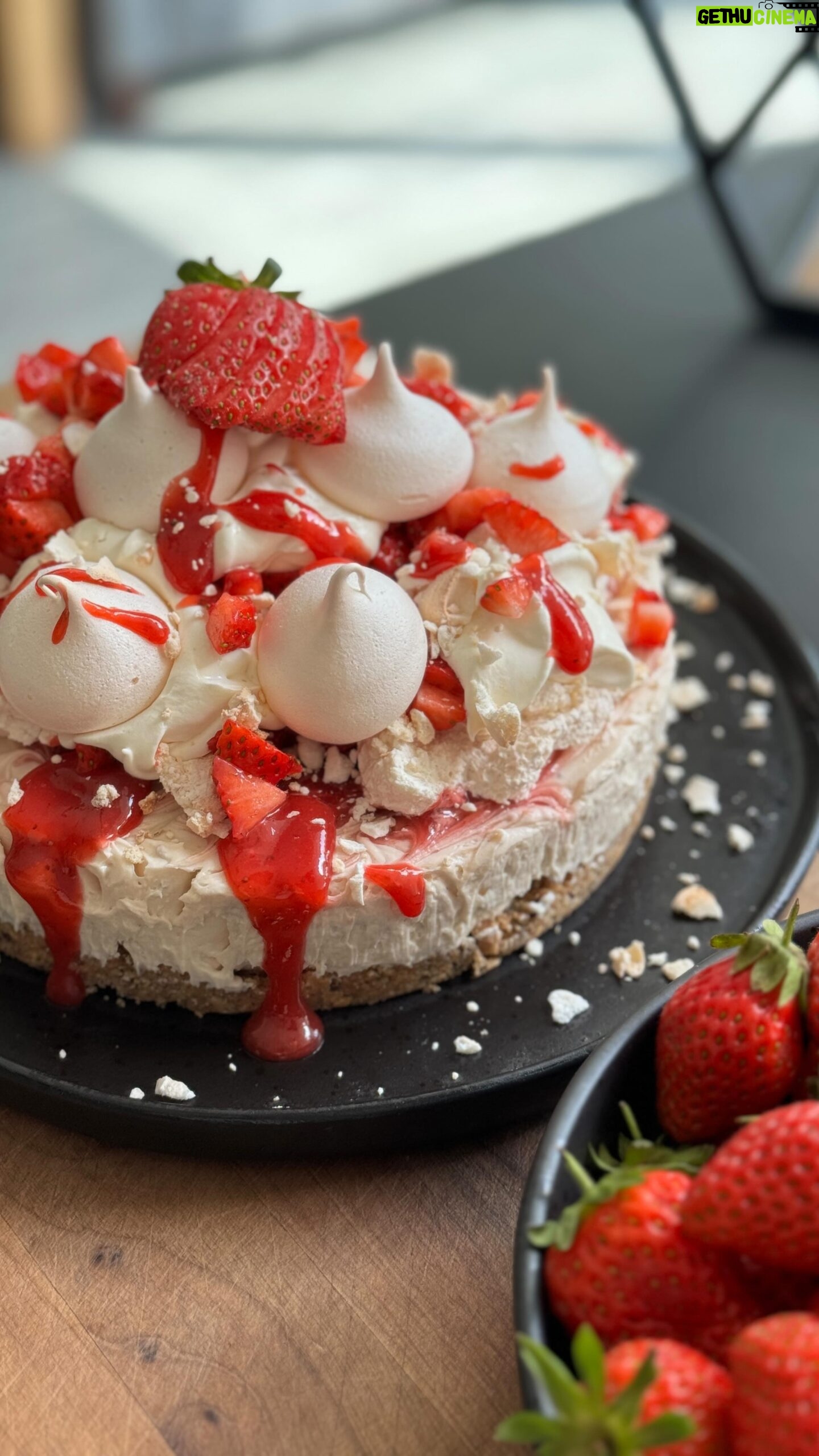 Briony May Williams Instagram - Fancy whipping up a blooming delicious summery no bake pudding that is minimal effort, maximum taste?!? Look no further!!! Try this No Bake Eton Mess Cheesecake 🍓It is a beauty!!!! No Bake Eton Mess Cheesecake Ingredients 200g chocolate chip digestive biscuits 75g unsalted butter, melted 400g cream cheese 150g icing sugar 250ml double cream 1 teaspoon vanilla extract 3 tbsp smooth strawberry jam To top 150g strawberries Meringue kisses 150ml double cream 3 tbsp smooth strawberry jam Method Bash the biscuits up using a rolling pin. Pour into a bowl then add the melted butter and mix. Pour into an 8 inch loose bottom cake tin. Place in the freezer for 10 minutes. Place the jam in the microwave for 10 seconds to loosen. In a bowl, whisk together the icing sugar and cream cheese. Pour the double cream and vanilla into another bowl and whisk to soft peaks then gently fold in 2 tablespoons of the strawberry jam. Fold together the cream cheese mixture with the whipped cream mixture until combined. Pour over the biscuit base then swirl through the remaining tablespoon of jam. Place in the fridge for a few hours or overnight to chill. To finish, remove the cheesecake from the tin. Whip the double cream until stiff peaks then divide into 2 bowls and fold a tablespoon of the jam through one of them. Hull and chop the strawberries. Top the cheesecake with the whipped creams, chopped strawberries, meringue kisses then drizzle over the remaining jam. #seasontotaste #strawberries #nobake #nobakecheesecake #nobakedessert #seasonalfood #seasonal