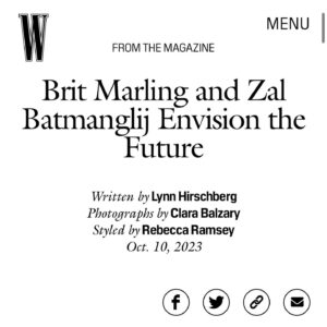 Brit Marling Instagram - Zal and I have been writing stories in one way or another since I was 18. Our next tall tale and my directorial debut drops nov 14 - A MURDER AT THE END OF THE WORLD starring @emmalouisecorrin @harrisdickinson #cliveowen. Many thanks to #lynnhirschberg — a true original — for including us in @wmag Original’s Issue 🪭 and to @saramoonves — remember our very first shoot together? ❣️

Photography: @clarazara 
Styling: @rebeccarams 
Written by: #lynnhirschberg 
Hair: @laini_reeves 
Makeup: @sarahuslan 
W Magazine Vol 5. Originals Issue