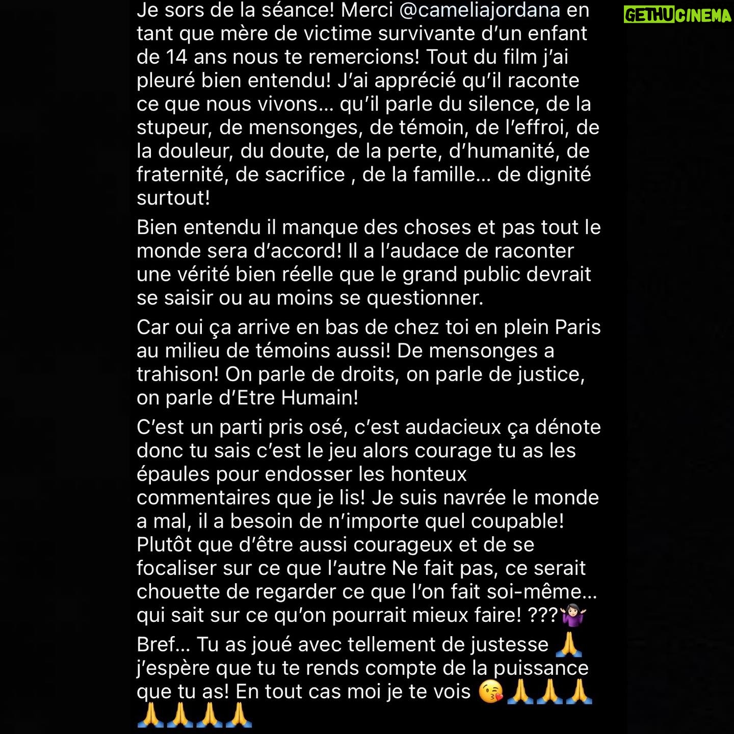 Camélia Jordana Instagram - Slide 10 : ce genre de message 😭 Merci pour vos retours sur le film, c’est bouleversant 🥺 Immense shout out à touuuute l’équipe du film qui a tout donné pour qu’on y arrive et que cette histoire existe au cinéma !! CE DIMANCHE : Go voir Avant que les flammes ne s’éteignent de Mehdi Fikri en salle depuis mercredi, parlez-en, faites-le vivre, donnez-lui la carrure et le poids qu’il mérite les ami.e.s 🫶🏻