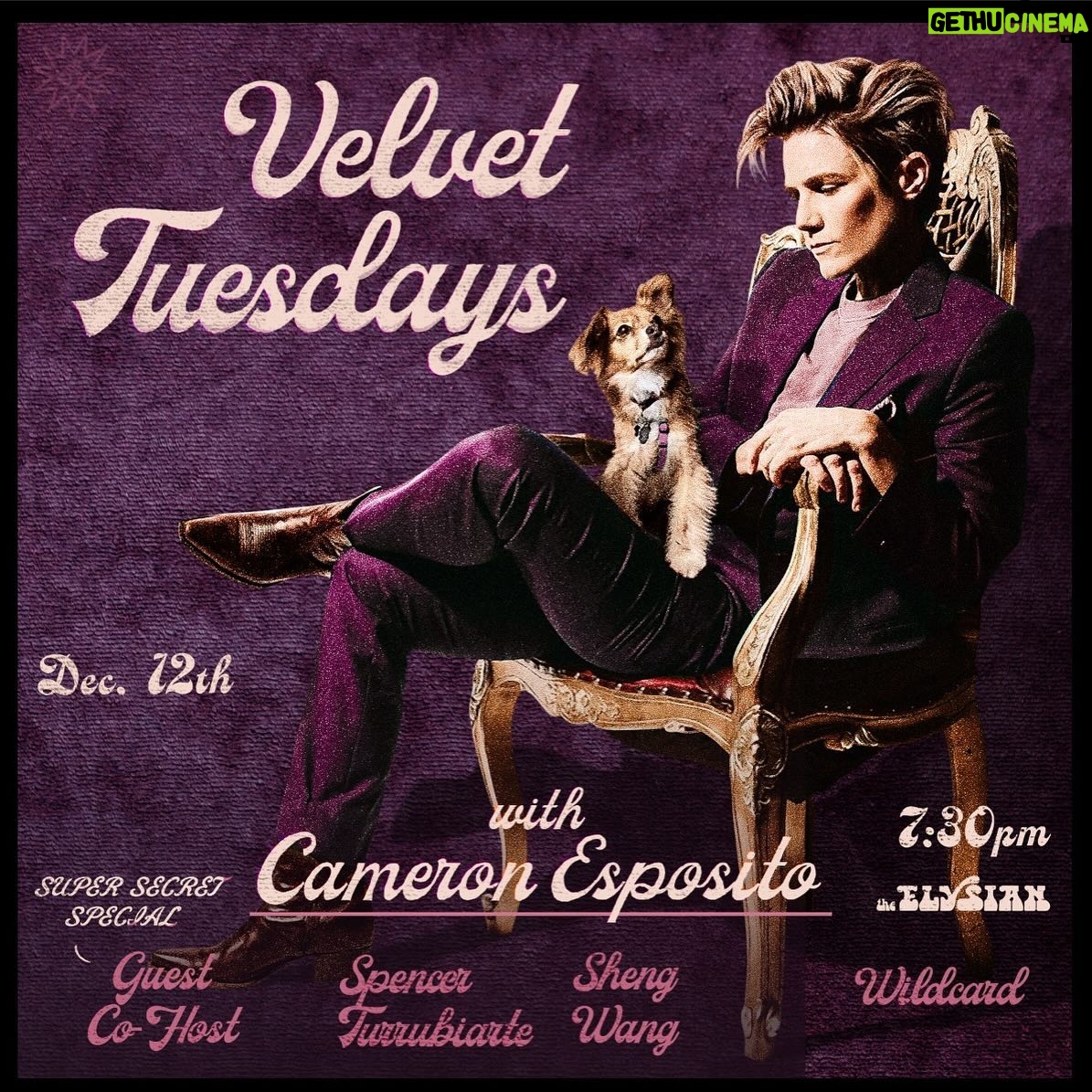 Cameron Esposito Instagram - 12/12 @ 7:30pm VELVET TUESDAYS WITH @cameronesposito 🔮 A stand-up show of unparalleled taste, with a rotating co-Host, guest comics and a wildcard! 12/12 lineup: -SUPER SECRET SPECIAL (!!!) Guest Co-Host -Spencer Turrubiarte @britawaterfilter -Sheng Wang @shengwangtime -Wildcard TBA! 📸 from November’s show by @justoffthesix! Guest co-Host @addieyomind @margaret_cho @braunger @magicalsimone Tickets in bio! 🪑