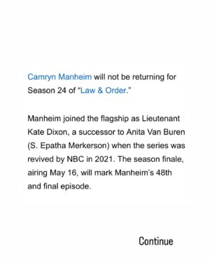 Camryn Manheim Instagram - I had the most incredible experience being a part of the Law & Order Universe, and more importantly the Wolfpack. I’m so thankful for the three wonderful seasons that I spent with this wildly talented cast of merry pranksters. Mehcad Brooks, Reid Scott, Connie Shi, Anthony Anderson, Jeffrey Donovan, Hugh Dancy, Odelya Halevi, Tony Goldwyn and Sam Waterston.  Not to mention the stellar guest stars that came in and out of the studio doors. 

I loved showing up for work each and every day, loved keeping the boys in line at Precinct 27 and most importantly, loved spending time with the most hard working, professional and kindhearted crew. They are truly New York’s finest. 

Something wonderful awaits me around the corner, and I can’t wait to see what it is. Until then… Go Knicks! 
.
.
.
.

@mehcadbrooks @odelya_halevi_ @mrreidscott @hugh_dancy @tonygoldwyn @nbclawandorder @wolfentertainment @peacock @iamconnieshi