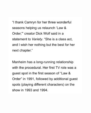 Camryn Manheim Instagram - I had the most incredible experience being a part of the Law & Order Universe, and more importantly the Wolfpack. I’m so thankful for the three wonderful seasons that I spent with this wildly talented cast of merry pranksters. Mehcad Brooks, Reid Scott, Connie Shi, Anthony Anderson, Jeffrey Donovan, Hugh Dancy, Odelya Halevi, Tony Goldwyn and Sam Waterston.  Not to mention the stellar guest stars that came in and out of the studio doors. 

I loved showing up for work each and every day, loved keeping the boys in line at Precinct 27 and most importantly, loved spending time with the most hard working, professional and kindhearted crew. They are truly New York’s finest. 

Something wonderful awaits me around the corner, and I can’t wait to see what it is. Until then… Go Knicks! 
.
.
.
.

@mehcadbrooks @odelya_halevi_ @mrreidscott @hugh_dancy @tonygoldwyn @nbclawandorder @wolfentertainment @peacock @iamconnieshi