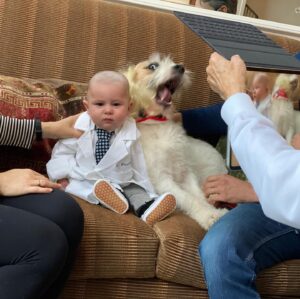 Candice Bergen Instagram - Practicing for Halloween. Artie is going as Dr Fauci and Lloyd is his colleague, Dr Deborah Barks who is having some trouble with her hair. Chloe actually ordered a lab coat with Dr Fauci embroidered on it with a tiny tie and wire-rimmed glasses.