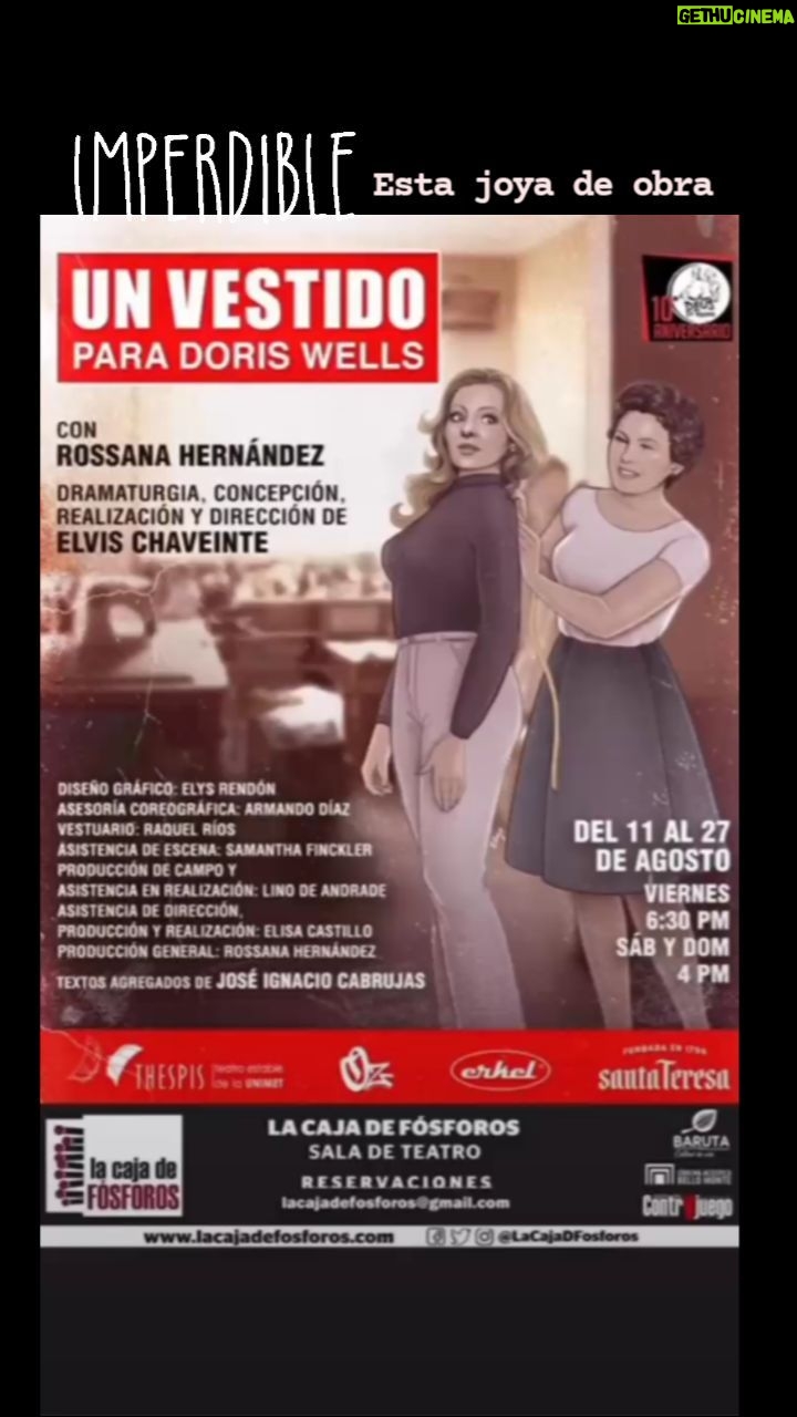 Caridad Canelón Instagram - "Un vestido para Doris Wells" está belleza de obra, de @elvischa20 y con la excelente interpretación de @rossanahm , termina hoy, su exitosa primera temporada, celebrando los 10 años de éxito de la compañía de teatro @tdeusexmachina Hoy: 4:00 p:m En @lacajadfosforos ¡¡¡Rossana, Elvis, Deusexmachina!!! ¡Aplausos de pie! 👏🏼👏🏼👏🏼👏🏼👏🏼👏🏼👏🏼👏🏼👏🏼 #teatro #tdeusexmachina #unvestidoparadoriswells #lacajadefosforos