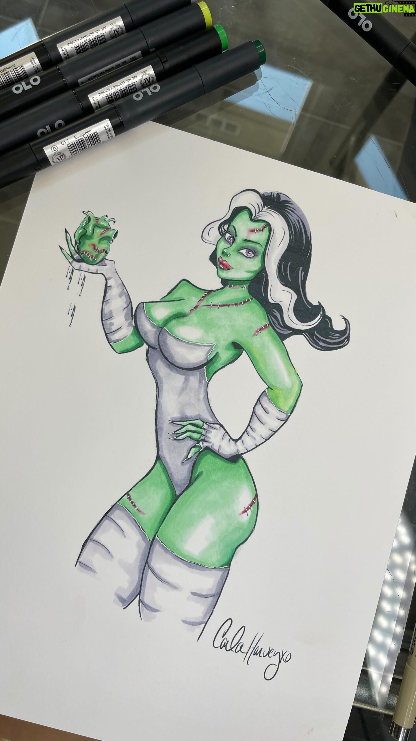 Carla Harvey Instagram - A fun little modern Bride of Frankenstein with my @olomarker 🎃I penciled then inked with #micronpens (my fav). I love the skin texture these markers create on bristol paper! Trying to sketch as many pin up ghouls as possible this season, who should I doodle next? 🎃Find 'em in my Halloween shop, link in bio and stories ❤️