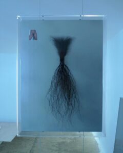 Carlota Guerrero Instagram - On view @sainteannegallery “Raíz, जड़” Carlota Guerrero, Sonam Solanki 2023 Human hair, nylon, methacrylate, paper, wood 35 x 48 x 5 cm