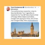 Carol Vorderman Instagram – A FEW DAYS IN THE TORY SEWER

Frank Hester’s company has received £400 million in govt IT contracts and has donated £15 million to the Tory party.  Last month it was revealed Hester said of Labour MP Diane Abbott that “she makes me want to hate all black women” and “she should be shot”. It’s now been revealed the Tories rewarded Hester with another contract for £4.4 million days later, even though the NHS England boss described his comments as “racist, sexist and violent”.

Grant Shapps Defence Secretary has said that Tories will find more than £20 billion of money by cutting civil servants and replacing them with IT.  So more contracts for Sunak’s family firm Infosys, the Post Office scandal company Fujitsu (Infosys and Fujitsu have a partnership) and for Frank Hester I guess?

Rishi Sunak forces through the disgraceful Rwanda Bill costing us £500 million to send 200 refugees to Rwanda and then we will receive a similar number of people seeking asylum FROM Rwanda to the UK.  Who’s profiting from all of this?  The morning after the Bill was passed, Sunak tweets a ‘Happy St George’s Day’ message minutes after the report of 5 refugees, including a child, drowning in the Channel.  Maybe just bad timing but ….

By the way, Ben Habib, deputy leader of the Reform UK Ltd Party tells Talk TV that he would leave refugees to drown rather than save them if a boat capsized in the Channel. Not a whiff of his comments in the Daily Mail or Express or Telegraph or BBC so far.

SIGN UP with us now for tactical voting advice. Type in your postcode with us at 
STOP THE TORIES. VOTE

Tory researcher close to the Security Minister is charged with spying for China… 

Ben Houchen, the Tory Teesside Mayor is up for election on May 2nd.  Local entrepreneur and Middlesborough FC Chairman Steve Gibson who had supported Houchen in the past says that Houchen has ‘sold the future of generations’ when Houchen’s appalling deal for Teesworks and Freeport gifted £500 million to two businessmen. Gibson now supports Labour.  If Houchen loses (polls say neck and neck with Labour) that could mean the end of Sunak.