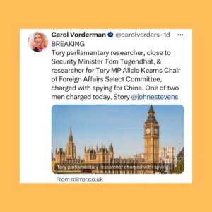 Carol Vorderman Instagram - A FEW DAYS IN THE TORY SEWER

Frank Hester’s company has received £400 million in govt IT contracts and has donated £15 million to the Tory party.  Last month it was revealed Hester said of Labour MP Diane Abbott that “she makes me want to hate all black women” and “she should be shot”. It’s now been revealed the Tories rewarded Hester with another contract for £4.4 million days later, even though the NHS England boss described his comments as “racist, sexist and violent”.

Grant Shapps Defence Secretary has said that Tories will find more than £20 billion of money by cutting civil servants and replacing them with IT.  So more contracts for Sunak’s family firm Infosys, the Post Office scandal company Fujitsu (Infosys and Fujitsu have a partnership) and for Frank Hester I guess?

Rishi Sunak forces through the disgraceful Rwanda Bill costing us £500 million to send 200 refugees to Rwanda and then we will receive a similar number of people seeking asylum FROM Rwanda to the UK.  Who’s profiting from all of this?  The morning after the Bill was passed, Sunak tweets a ‘Happy St George’s Day’ message minutes after the report of 5 refugees, including a child, drowning in the Channel.  Maybe just bad timing but ….

By the way, Ben Habib, deputy leader of the Reform UK Ltd Party tells Talk TV that he would leave refugees to drown rather than save them if a boat capsized in the Channel. Not a whiff of his comments in the Daily Mail or Express or Telegraph or BBC so far.

SIGN UP with us now for tactical voting advice. Type in your postcode with us at 
STOP THE TORIES. VOTE

Tory researcher close to the Security Minister is charged with spying for China… 

Ben Houchen, the Tory Teesside Mayor is up for election on May 2nd.  Local entrepreneur and Middlesborough FC Chairman Steve Gibson who had supported Houchen in the past says that Houchen has ‘sold the future of generations’ when Houchen’s appalling deal for Teesworks and Freeport gifted £500 million to two businessmen. Gibson now supports Labour.  If Houchen loses (polls say neck and neck with Labour) that could mean the end of Sunak.