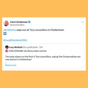 Carol Vorderman Instagram - LOCAL ELECTION RESULTS

Tories have had their WORST election RESULTS for decades.

They’ve lost 468 seats so far (some results still to be announced) - almost half of the council seats they were defending.

Liberal Democrats for the first time in history have won more seats than the Tories in local elections.

Tactical Voting helped to push the Tories to this cataclysmic result.

This government defending the result - OF COURSE THEY ARE.

Tory Minister Mel Stride said on BBC Politics Live on Friday that the problem is having a ‘volatile electorate’.

Volatile?  It’s our fault according to the Tories.

They are now in such a head space of entitlement and superiority it’s as though we, the voters, the taxpayers, are just a pain in the neck who shouldn’t  really be allowed to have their say.

Well here you go, you Tory cowards.

CALL A GENERAL ELECTION AND WE’LL SHOW YOU JUST HOW BL**DY VOLATILE WE ARE

Ps we’re analysing our stopthetories.vote data and importantly, we know that we had more people visiting our site in certain seats which swapped from Conservative to Labour or Green or Lib Dem than the numbers the new councillors won their seats by…. More news of this incoming.

WE STOPPED THE TORIES….. XXXXX
LOVE YOU